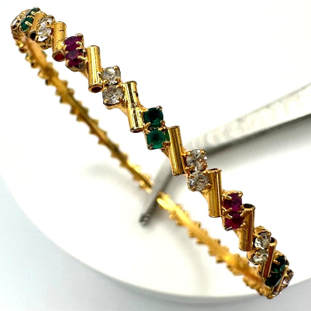 Indian gold plated real rubies clear green CZ bangle bracelet size 2.2 X small